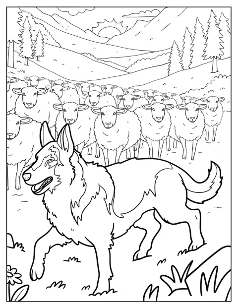 En schæferhund driver får sammen på marken.