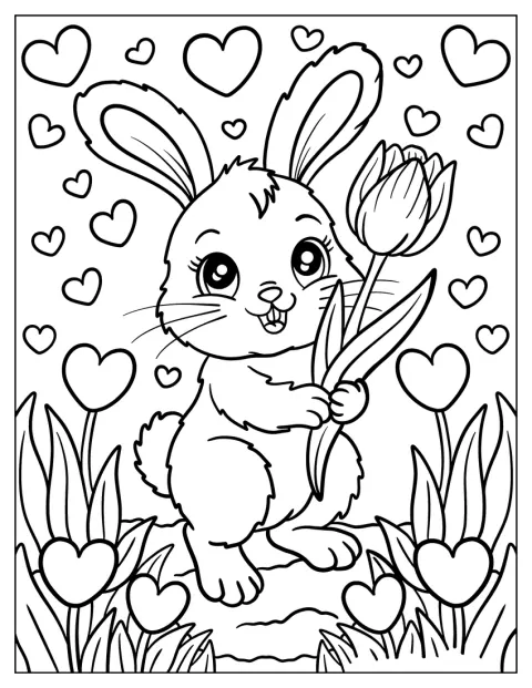 Un lapin duveteux se tient parmi des tulipes et des cœurs dans un champ.