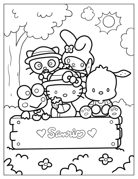 Chococat umgås med Hello Kitty, My Melody, Pochacco och Keroppi.
