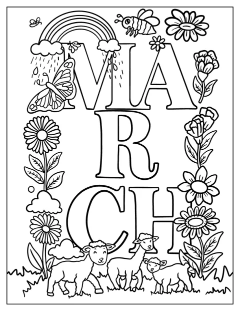 La grande parola Marzo spicca al centro, circondata da fiori.