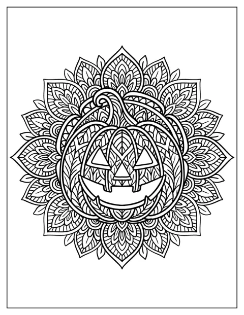 Une citrouille sculptée forme le motif central d’un mandala détaillé.