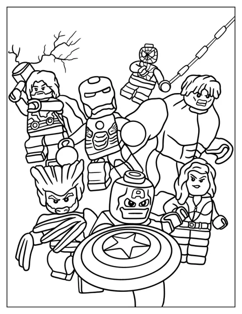 Hrdinové Avengers z LEGO jsou vyobrazeni společně.