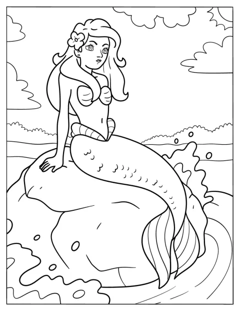 Una sirena con una flor en el pelo descansa al sol sobre una roca.