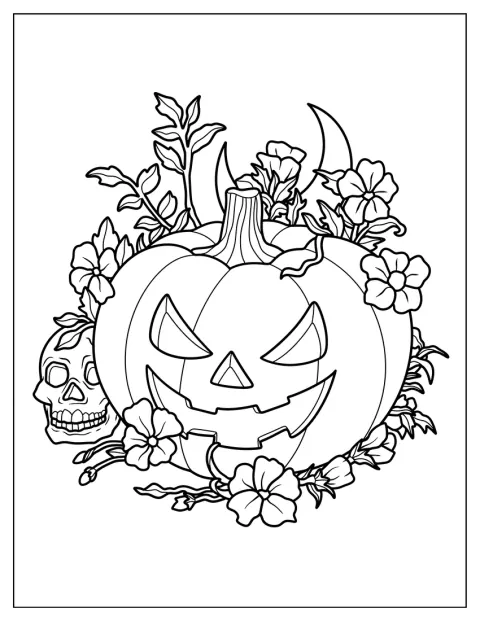 Una zucca intagliata è decorata con un teschio e dei fiori.