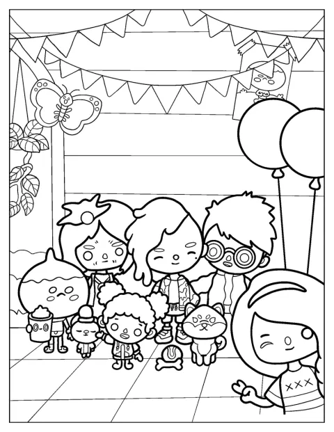 Personages uit Toca Boca Life World vieren samen een verjaardag.