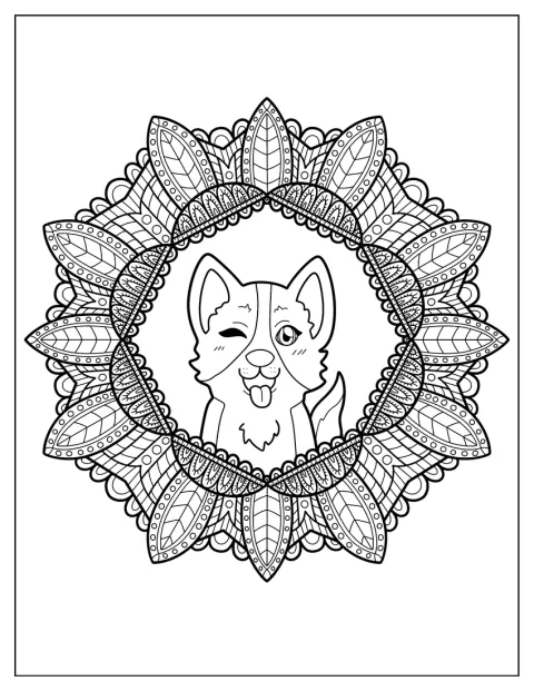 Un corgi apparaît au centre d’un mandala composé de fleurs.