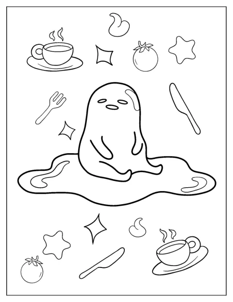 Gudetama sidder midt i en stor klat æggehvide.