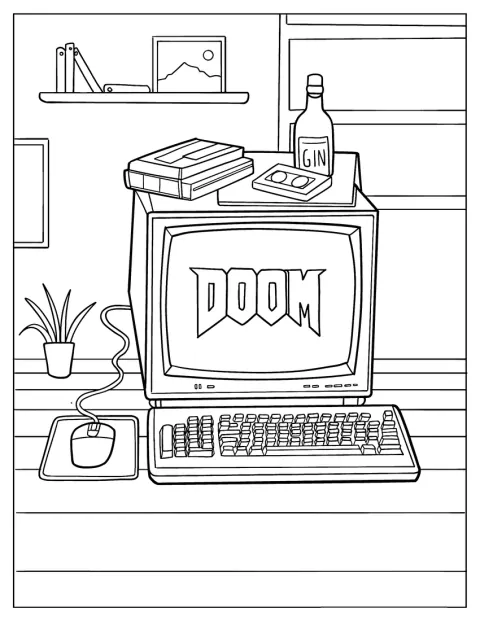 Auf einem Computer aus den 80ern stehen Getränkedosen und VHS-Kassetten.