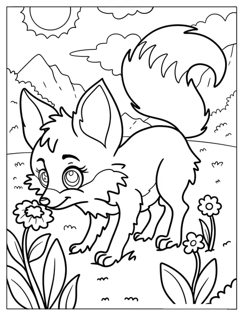 Ein hübscher Fuchs beugt sich hinunter und beschnuppert Blumen.