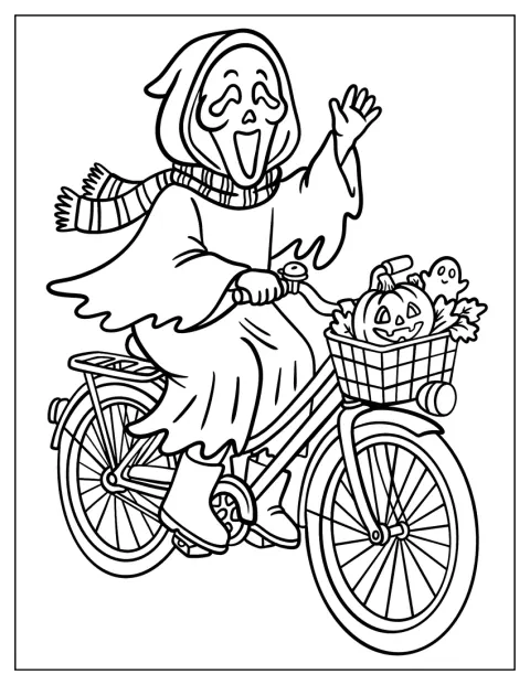Happy Ghost Face Riding a Bicycle Coloring Page