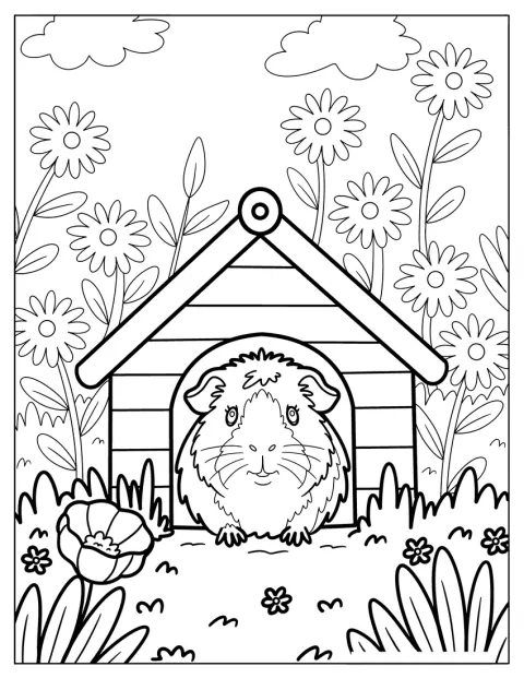 Et loddent marsvin sitter i et trehus pyntet med blomster.