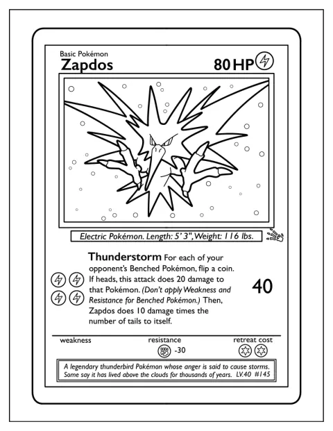 Zapdos na kartě vyvolává bouřku a blesky.