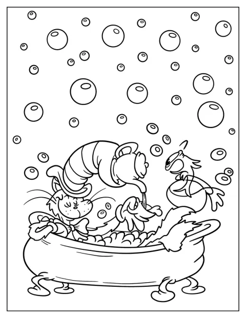 Dans une baignoire, le Chat chapeauté verse du thé sous le regard d’un poisson.