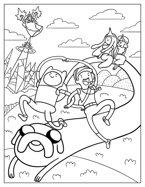 Finn, Jake, el Rey Hielo y la Princesa Chicle posan juntos.