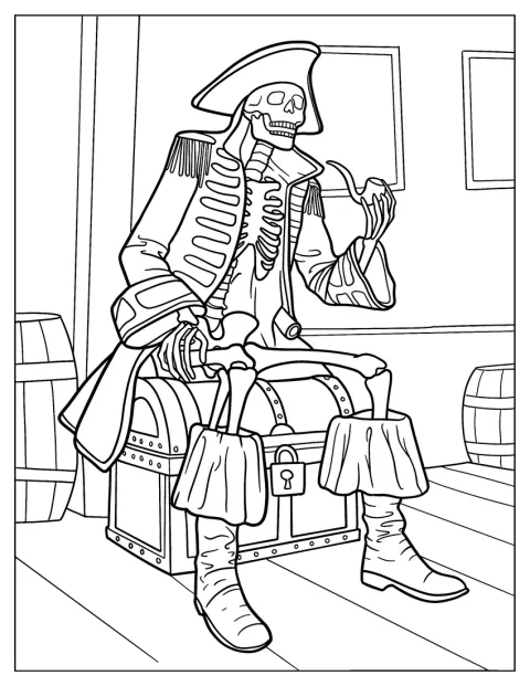 Un squelette pirate porte un chapeau et une cape, une pipe à la bouche.