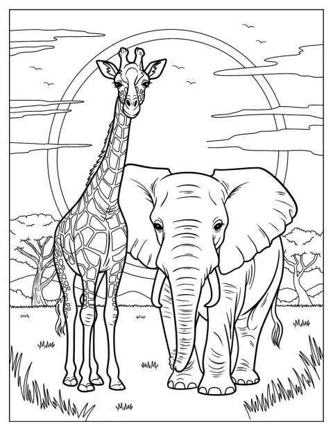 O girafă și un elefant se întâlnesc în savană, la apus.