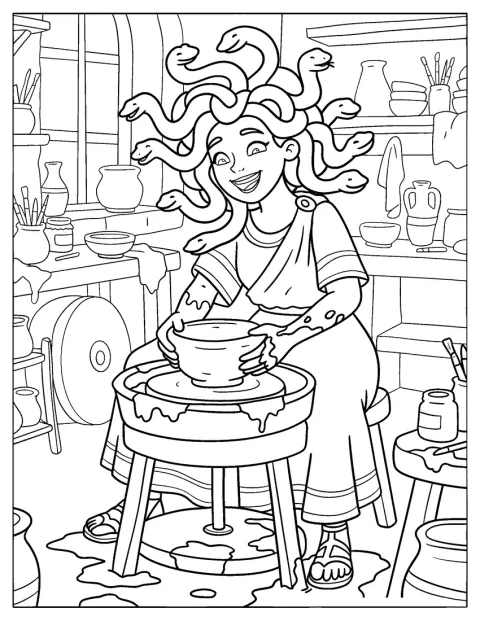 Medusa modella un vaso di terracotta nella sua bottega greca.