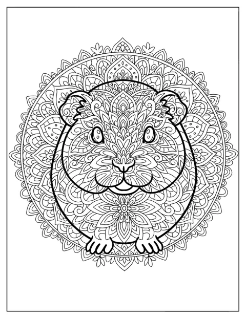 Ett marsvin är omgivet av ett detaljerat mönster av blommor och ornament.