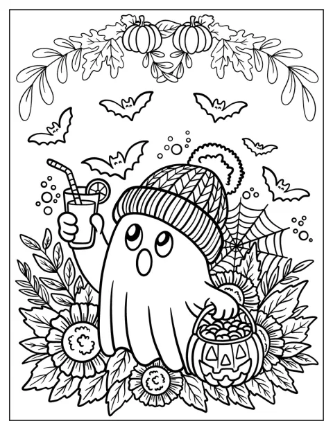 Un fantasma levanta un vaso de limonada junto a una calabaza, flores y murciélagos.