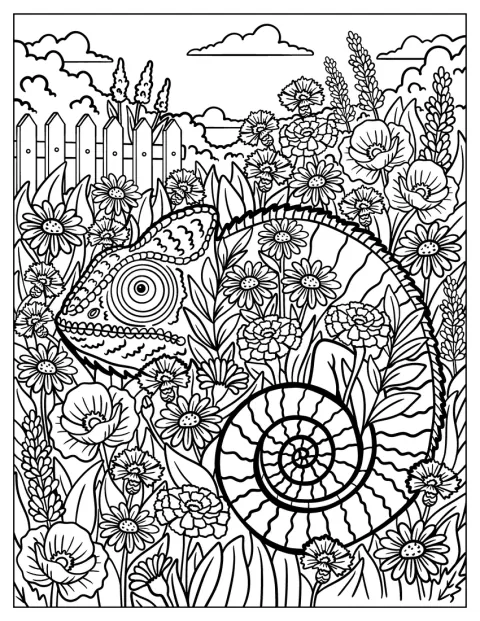 カメレオンが庭の花の中にまぎれて隠れています。