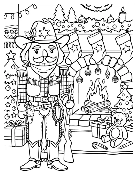 Cowboy Nutcracker Holding a Lasso by a Christmas Fireplace