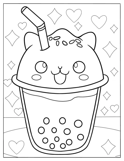 Boba Tea Coloring Page In A Cute Cat Cup For Preschoolers
