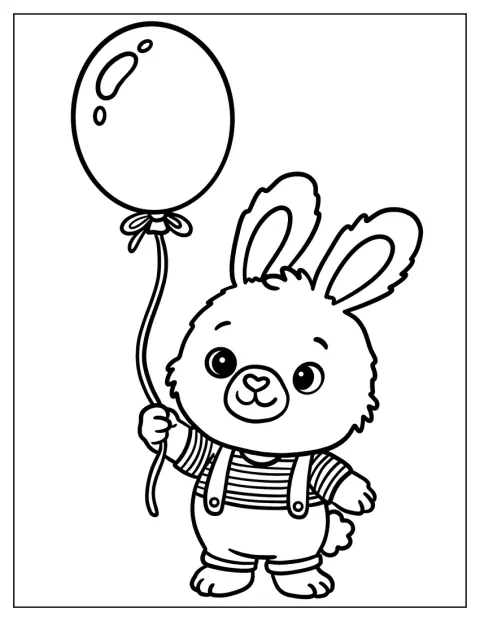 Un conejo con camiseta a rayas sujeta un globo con una pata.