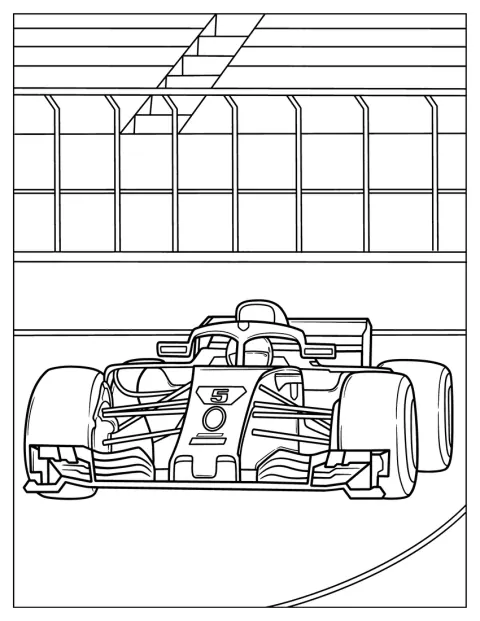 Egy egyszerű körvonalú F1-es versenyautó áll a pályán.