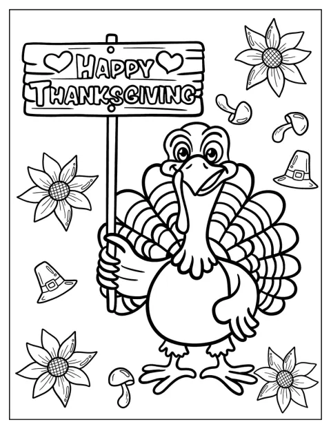 Small Turkey Coloring Page Holding Up A Happy Thanksgiving Sign