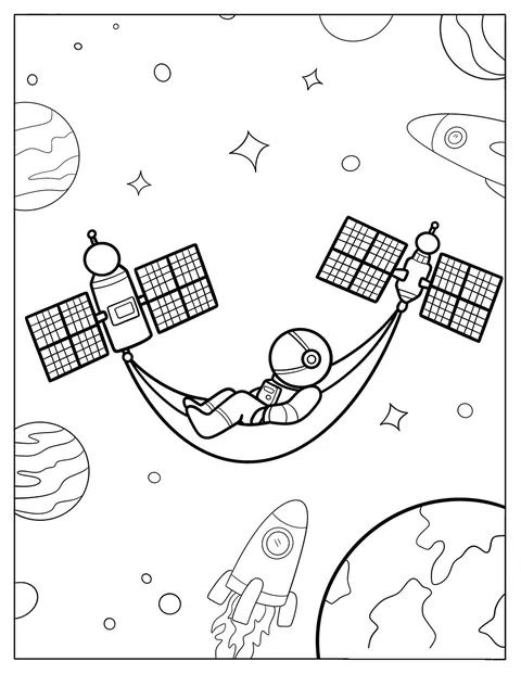 Un astronauta descansa en una hamaca entre satélites.