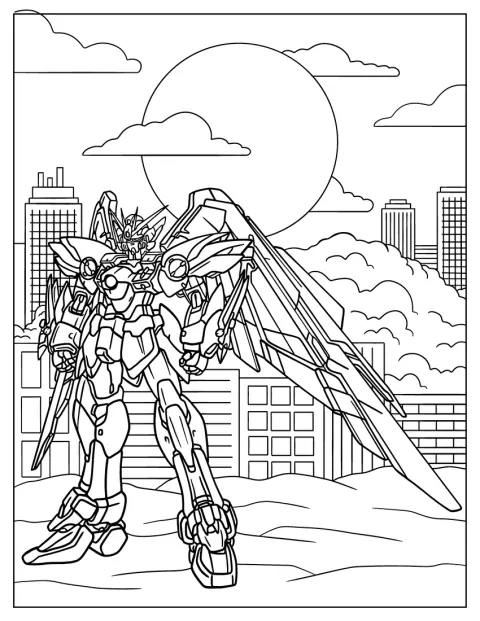 El XXXG 01W Wing Gundam aparece con sus alas mecánicas desplegadas.