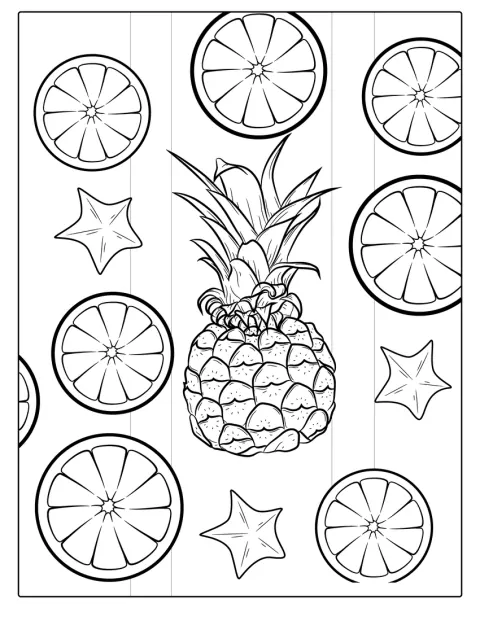 Un ananas e alcune arance sono raffigurati insieme.