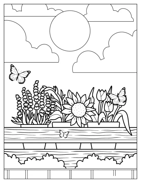 柵の向こうに、花を植えた鉢が三つ並んでいます。
