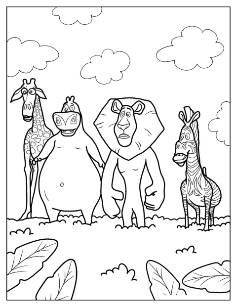 Melman, Gloria, Alex og Marty står sammen på Madagaskar.
