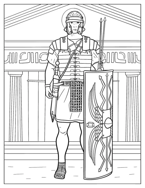 En realistisk romersk soldat holder et skjold og flere spyd.
