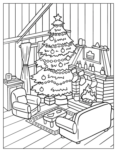 A sala está decorada para as festas e tem uma lareira.