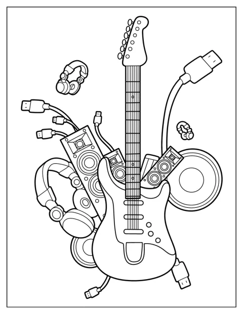 Une guitare électrique est entourée de haut-parleurs, d’amplificateurs, d’écouteurs et de câbles.