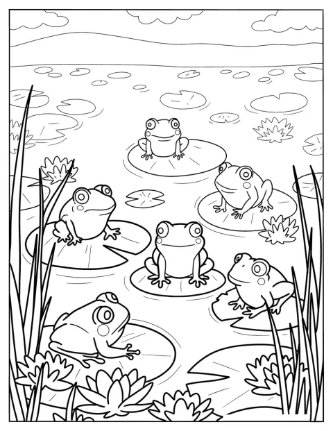 カエルたちが、池のハスの葉の上に座っています。