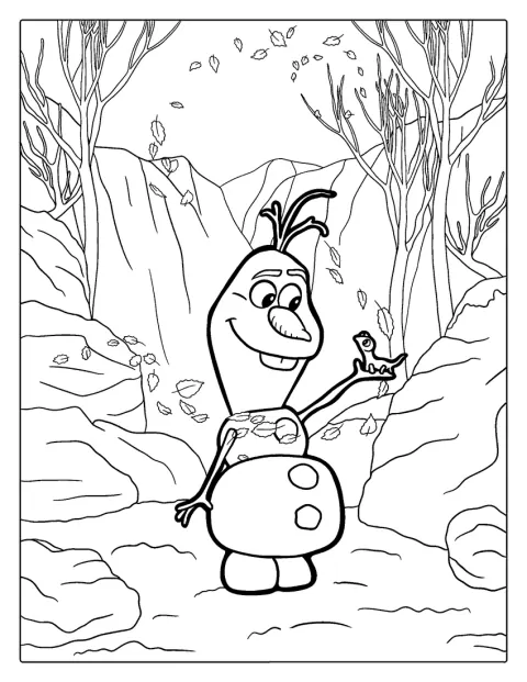 Hojas otoñales rodean a Olaf en una escena llena de magia.