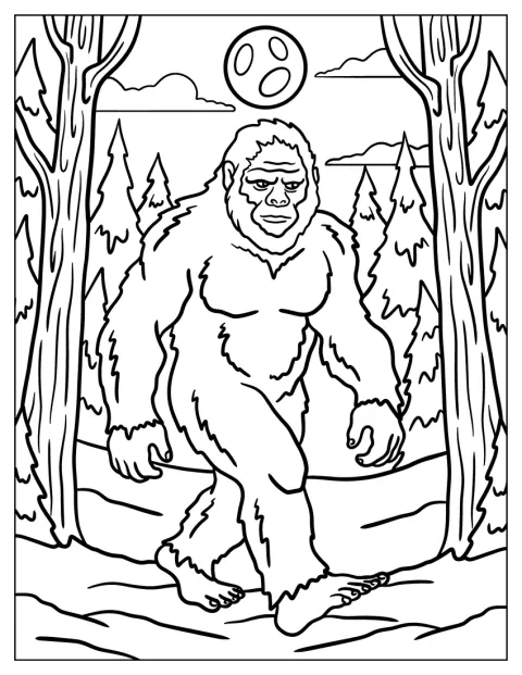 Za jasného úplňku kráčí Bigfoot mezi lesními stromy.