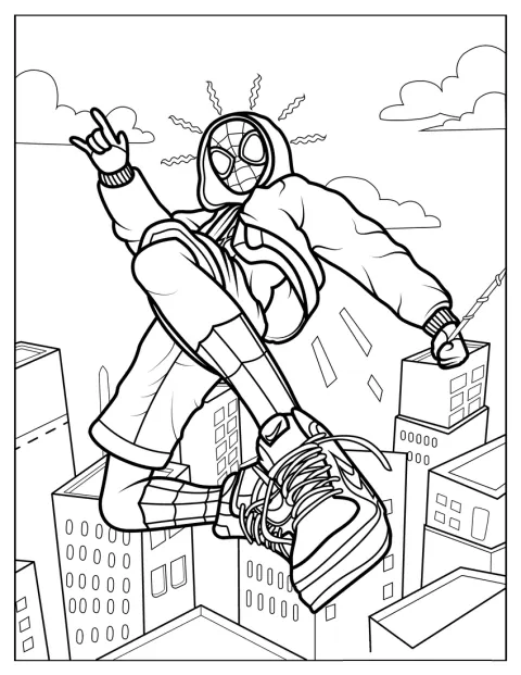 Miles Morales salta in aria mentre attraversa la città.