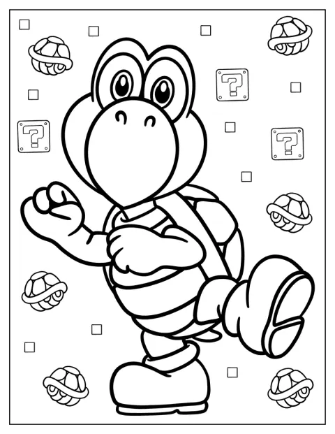 Koopa Troopa podryguje wesoło do muzyki.