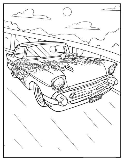 迫力のあるホットロッドを正面から描いています。