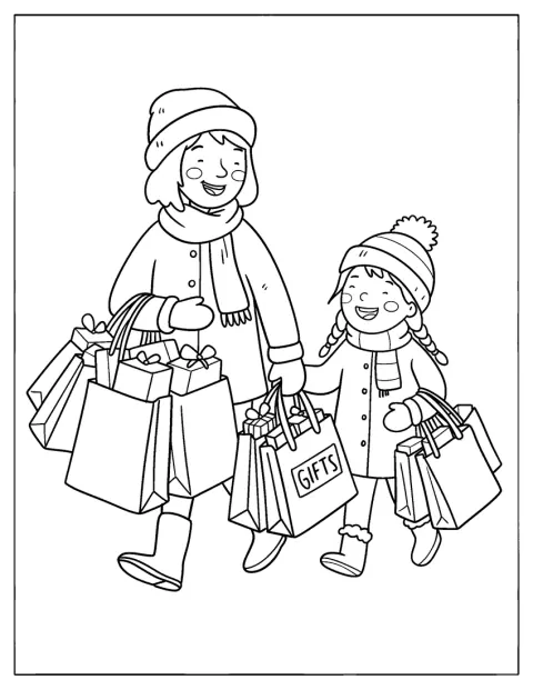 Eine Mutter und ihre Tochter suchen beim Weihnachtseinkauf nach Geschenken.