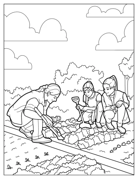 En familie passer planter og arbejder sammen i haven.