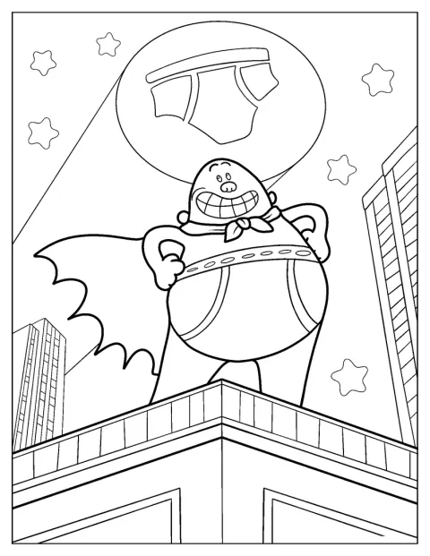Captain Underpants pózuje na střeše budovy.