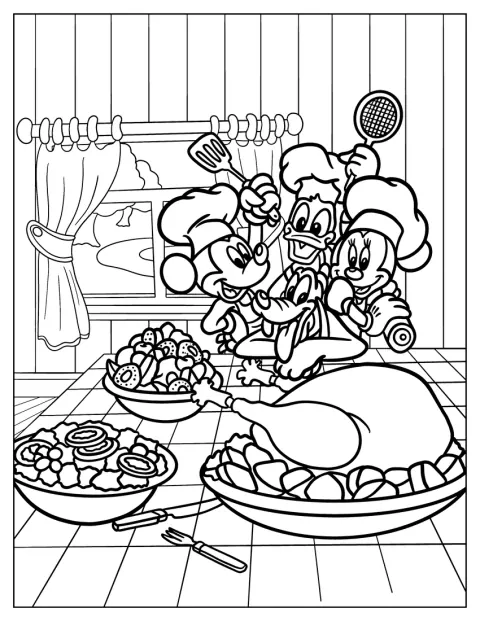Mickey Mouse, Donald Duck, Minnie Mouse und Pluto essen zusammen Thanksgiving-Dinner.