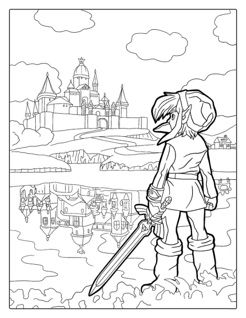 Link está de pé diante do Castelo de Hyrule.