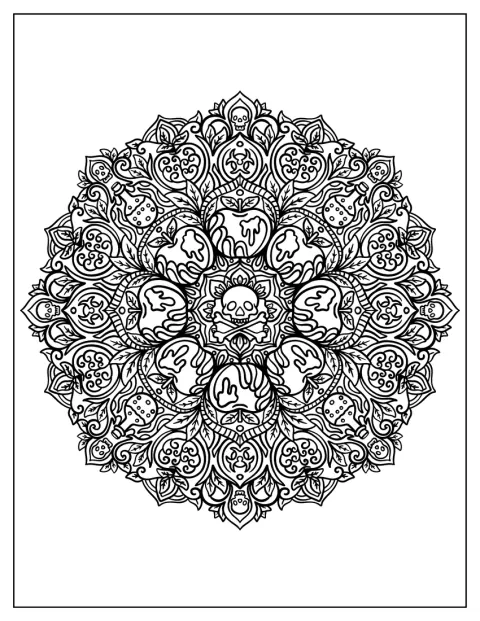 Calaveras, fantasmas y frascos de pócimas decoran un mandala de Halloween.