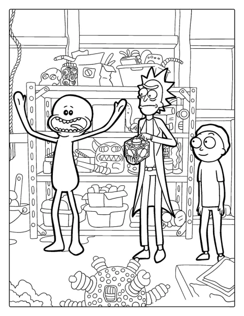 Rick, Morty og Mr. Meeseeks står sammen.